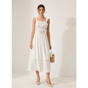 White Lace Jacquard Belted Maxi Dress Sleeveless XL Commense NWT Garden Party